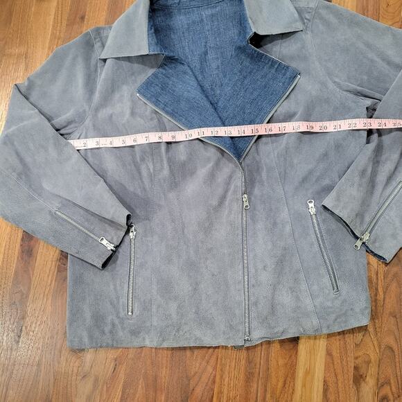 Vintage Gray Suede and Denim Reversible Moto Jacket With Zip Cuffs Slanted Zip - Picture 10 of 11